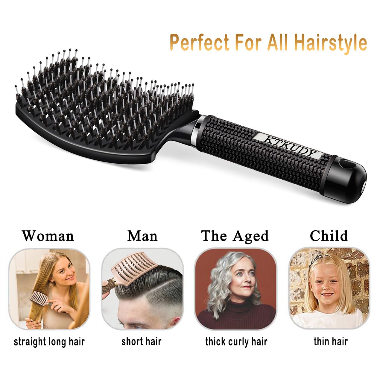KTKUDY Detangling Brush Boar Bristles Hair Brush Make Hair Shiny & Healthier Curved and Vented Detangler Brush for Women Men Kids Wet and Dry Hair