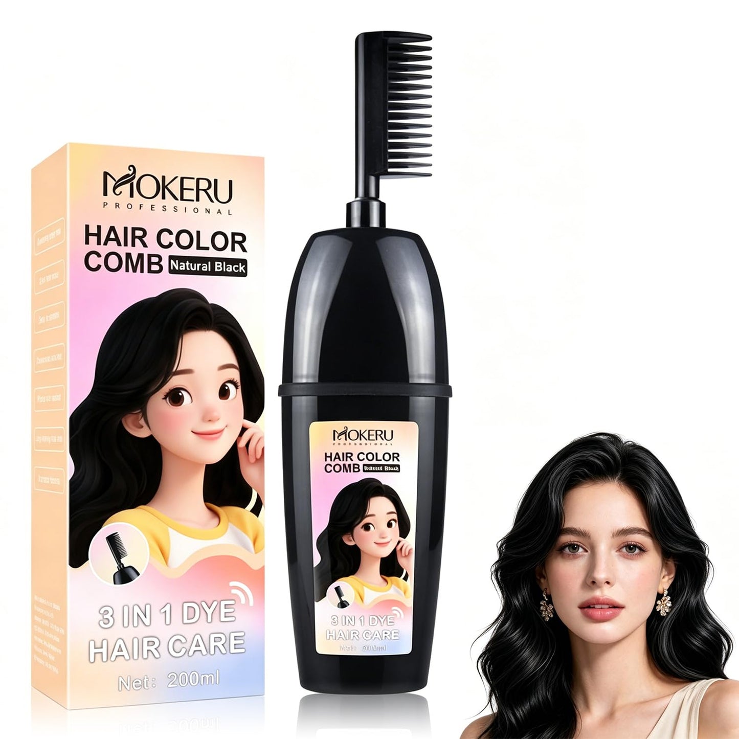 3-In-1 Herbal Hair Coloring Comb | Easy Hair Coloring At Home With Built-In Brush – No Mix, Ammonia-Free, Covers Grays & Nourishes with Argan Oil & Ginseng Suitable for All Hairstyles & Age (200ml)