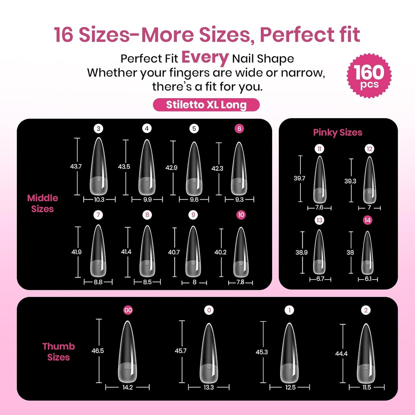 Beetles Nail Tips - XXL Stiletto Instant Apex for DIY Salon Extensions | 160pcs in 16 Sizes (00-14)