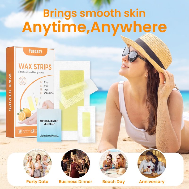 Pureasy Wax Strips for Hair Removal, 100 Count Face and Body Waxing Kit, 2 Sizes with 5 Oil Wipes for Eyebrow, Upper Lip, Legs, Underarms and Bikini