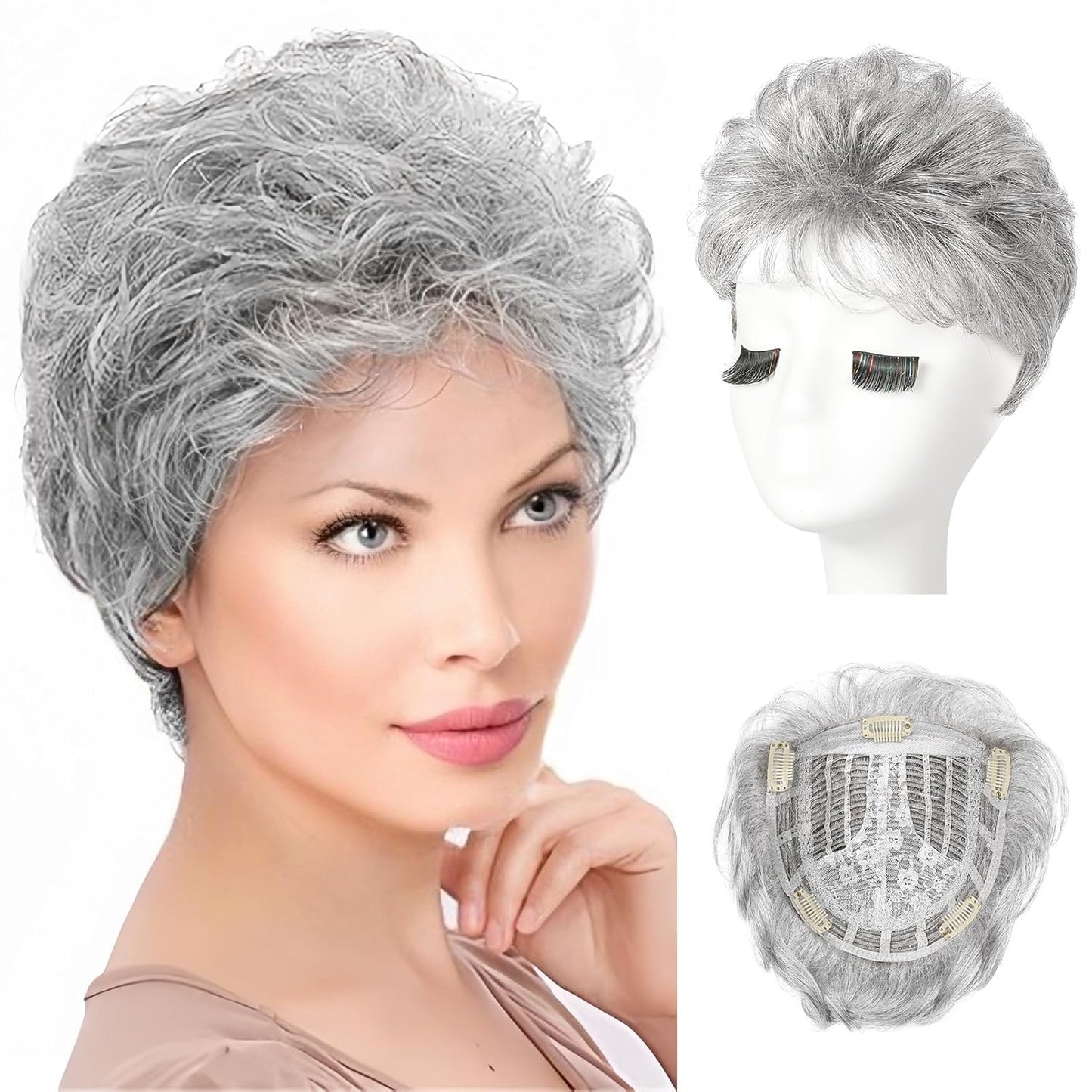 REECHO Hair Topper - Synthetic Short Wiglet for Women | Large Coverage Crown Hairpiece in Silver Mist