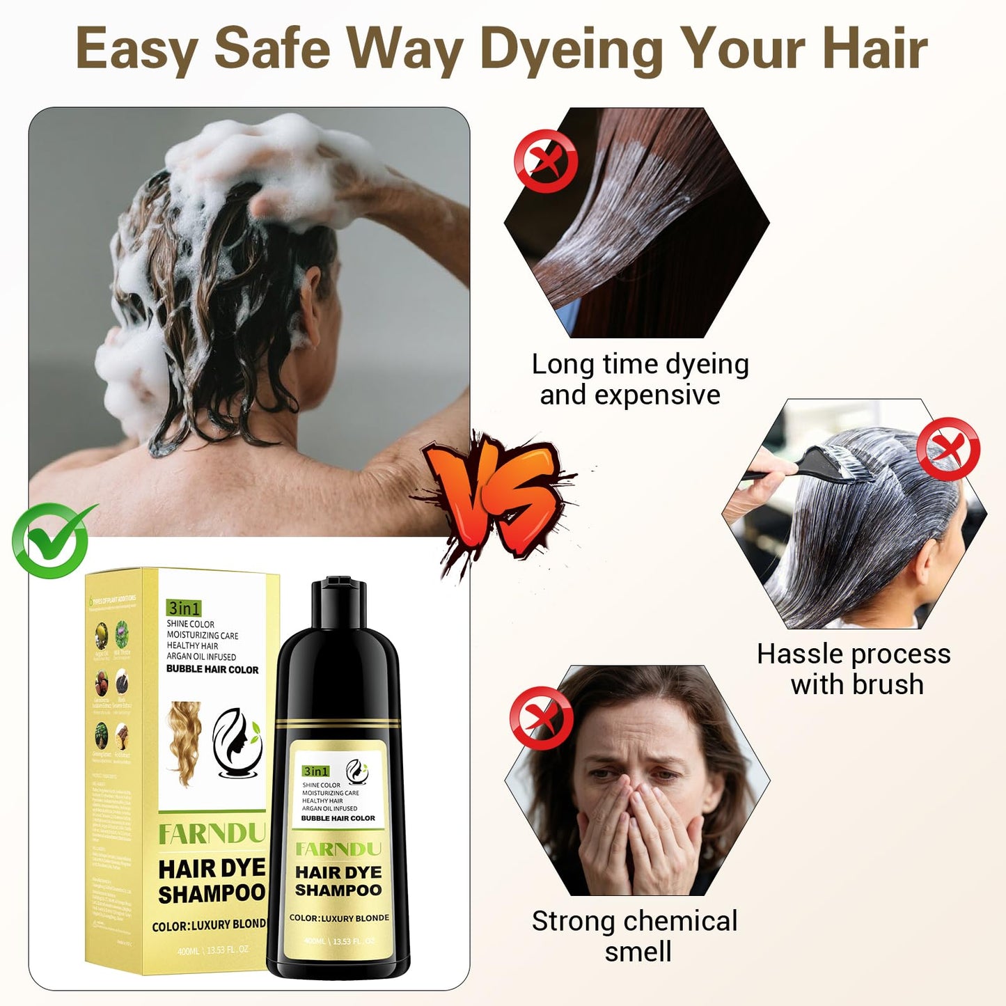 Luxury Blonde Hair Dye Shampoo for Women & Men, Gray Hair Coverage Herbal Natural 3 in 1 Hair Color Shampoo Ammonia Free and Parabens Free