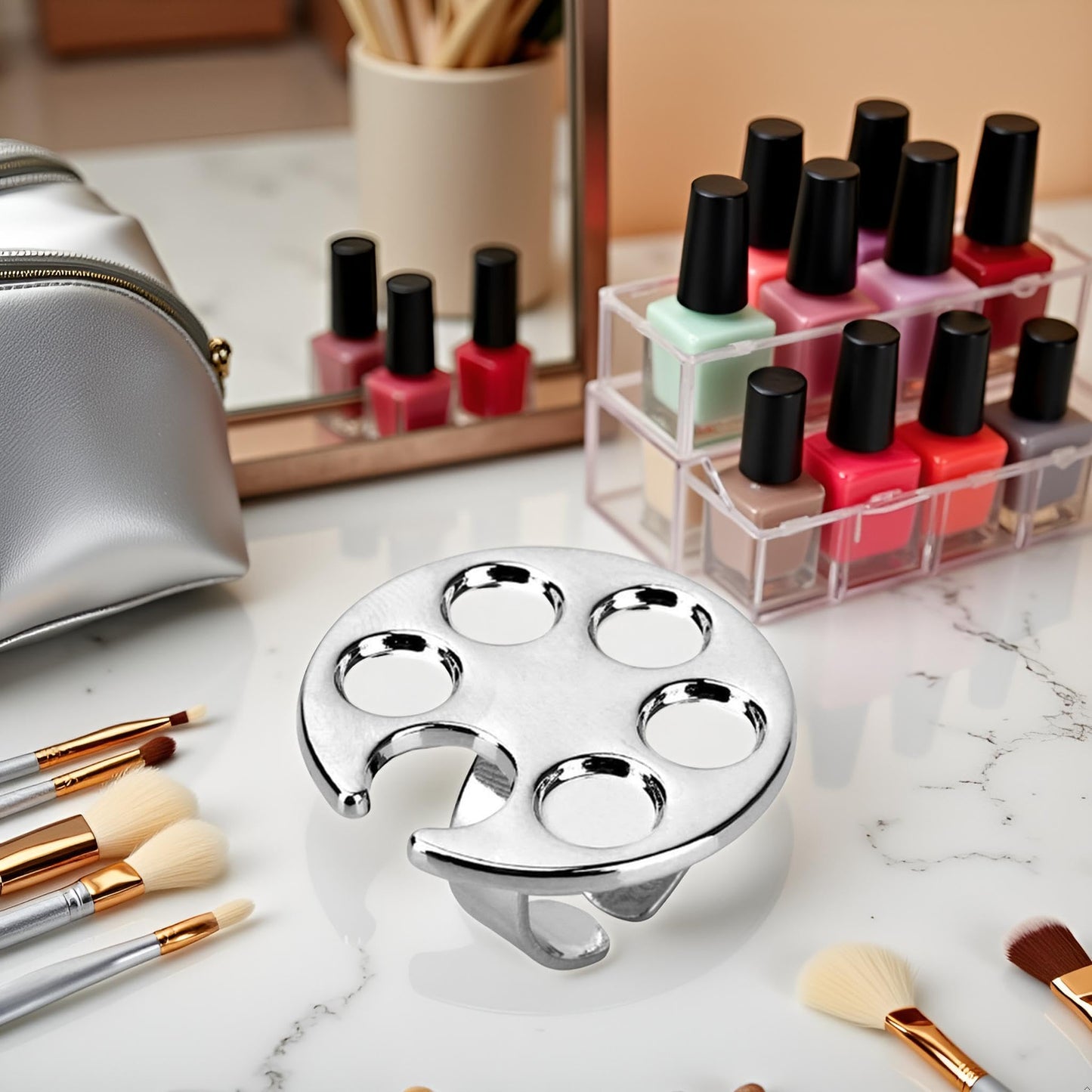 Silver Mini Manicure Palette Metal Paint Palette Finger Rings Nail Art Tools Makeup Palettes