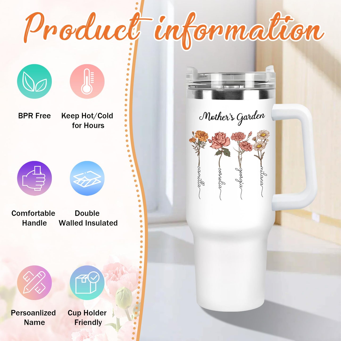 Personalized Mothers Garden Tumbler With Names, 40 Oz Travel Coffee Tumbler
