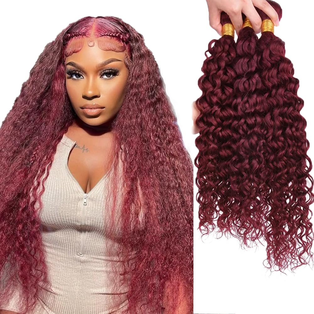 #99J Wine Red Human Hair Bundles Water Wave Bundles 16 16 16 Inch Burgundy Unprocessed Brazilian Virgin Hair 3 Bundle 50 Gram Per Bundle Deals Quick Weave Hair Extensions