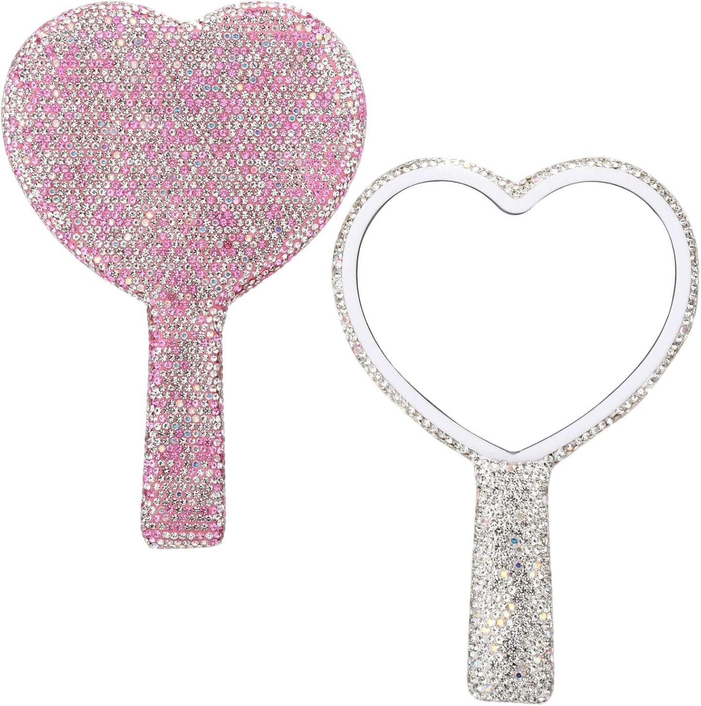 Heart Shaped Handheld Mirror - Sparkling Rhinestone Cosmetic Mirror for Women | Portable Travel Size 6.3 x 4.3 in / 16 x 11 cm - White