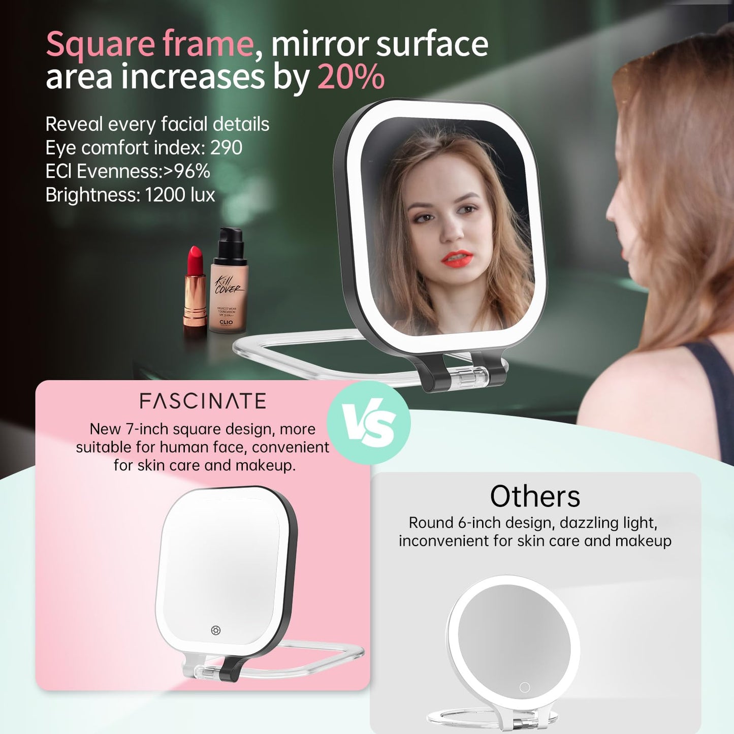FASCINATE 7" Rechargeable Travel Makeup Mirror 30X Magnification (Black)