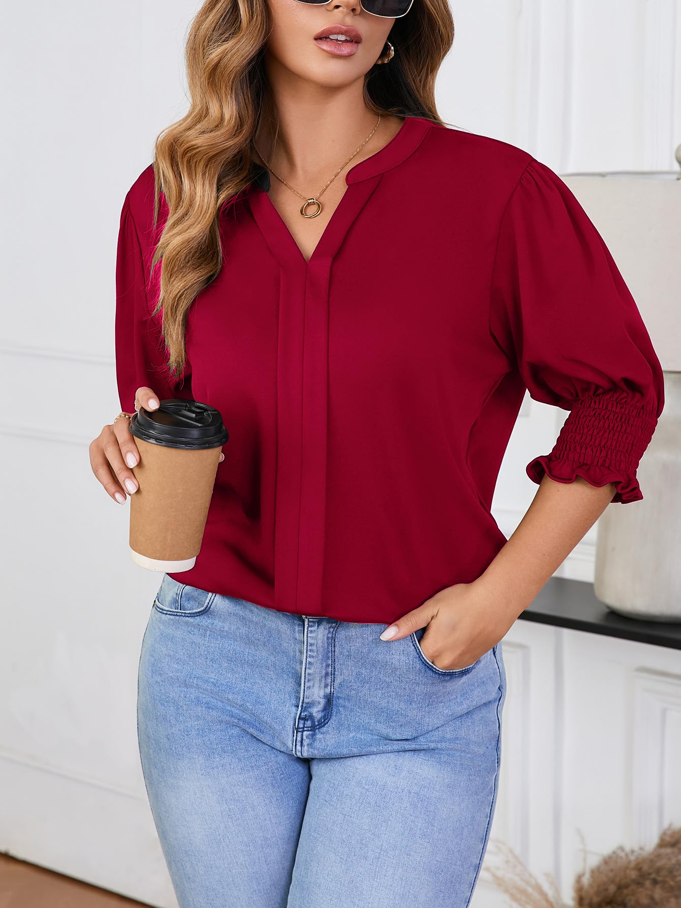 Tewsut Womens Plus Size Tops Oversized T Shirts Dressy V Neck Summer Blouses Casual Tunic Puff Short Sleeve Tops 1X-5X