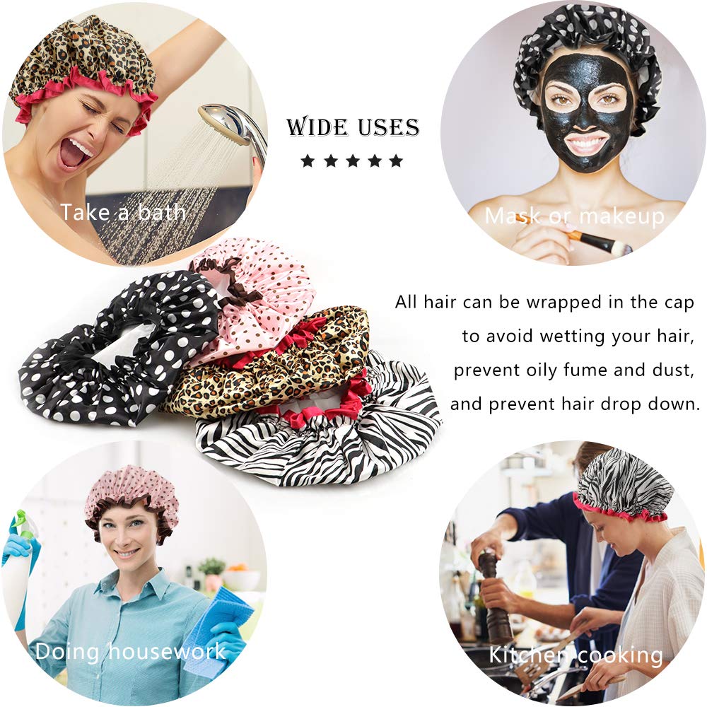 4 Pcs Shower Cap for Women Double Waterproof Layers Reusable Elastic