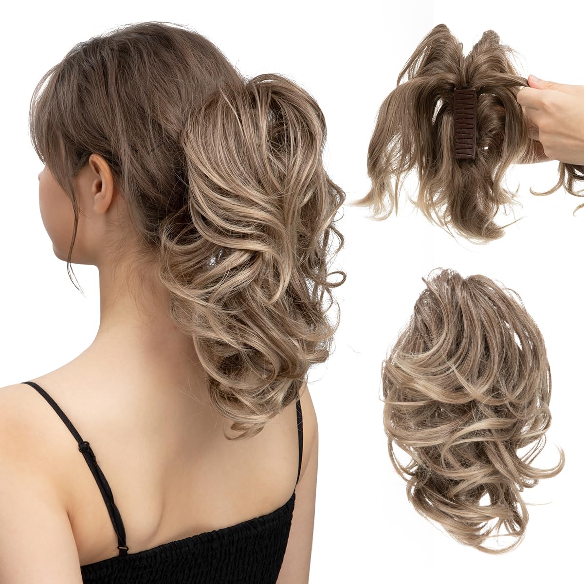 CJL Hair Claw Clip Short Ponytail Extensions - Bendable Metal Messy Bun Piece | Wavy Curly Synthetic Hair, Ash Grey