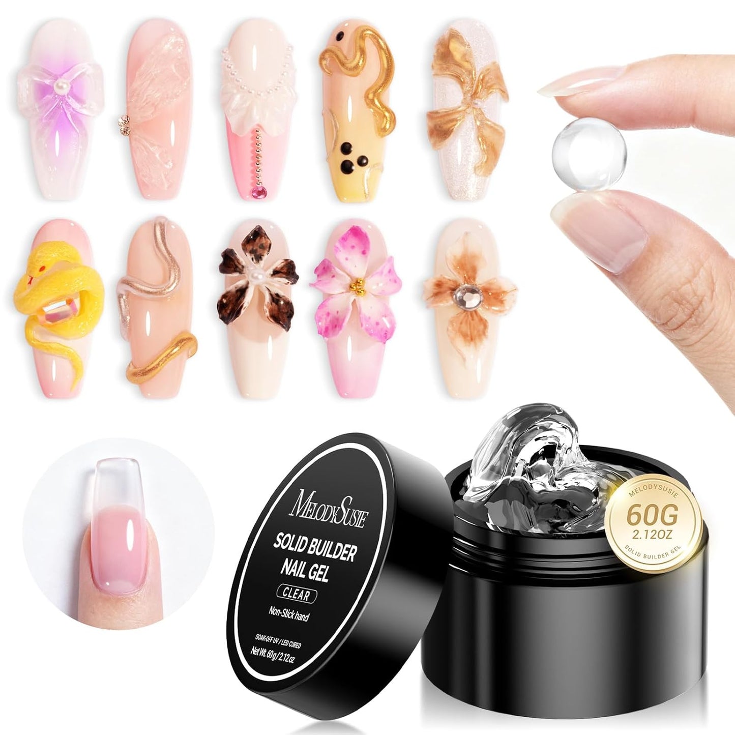 MelodySusie Solid Builder Nail Gel - 4 in 1 Non-Sticky UV Glue for Acrylic Nails | Clear 60ML