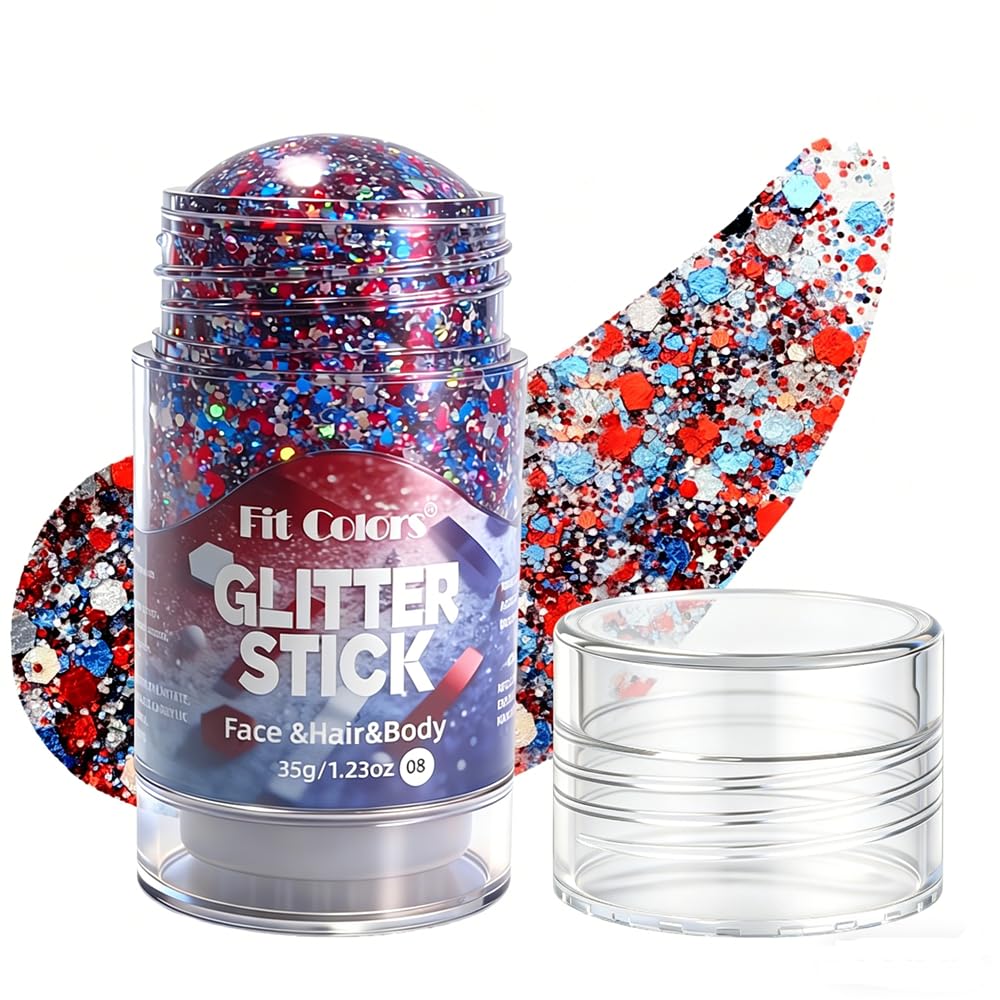 Red White Blue Glitter Stick – Sparkling Hair & Face Glitter Gel, Sequins Glitter Face Paint for Concerts, Rave Accessories, Chunky Sequins Mermaid Style, Halloween & Festival Body Art