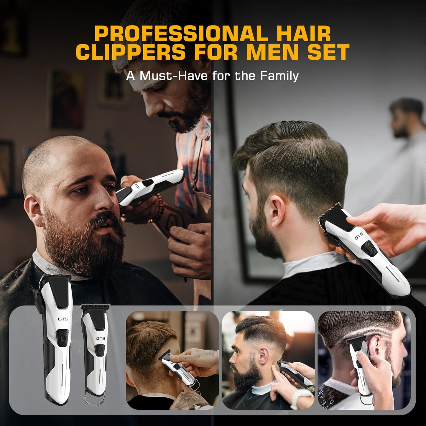 Professional Hair Clippers for Men - Cordless Barber Clipper Set with Trimmer | Fade Haircut Kit in White