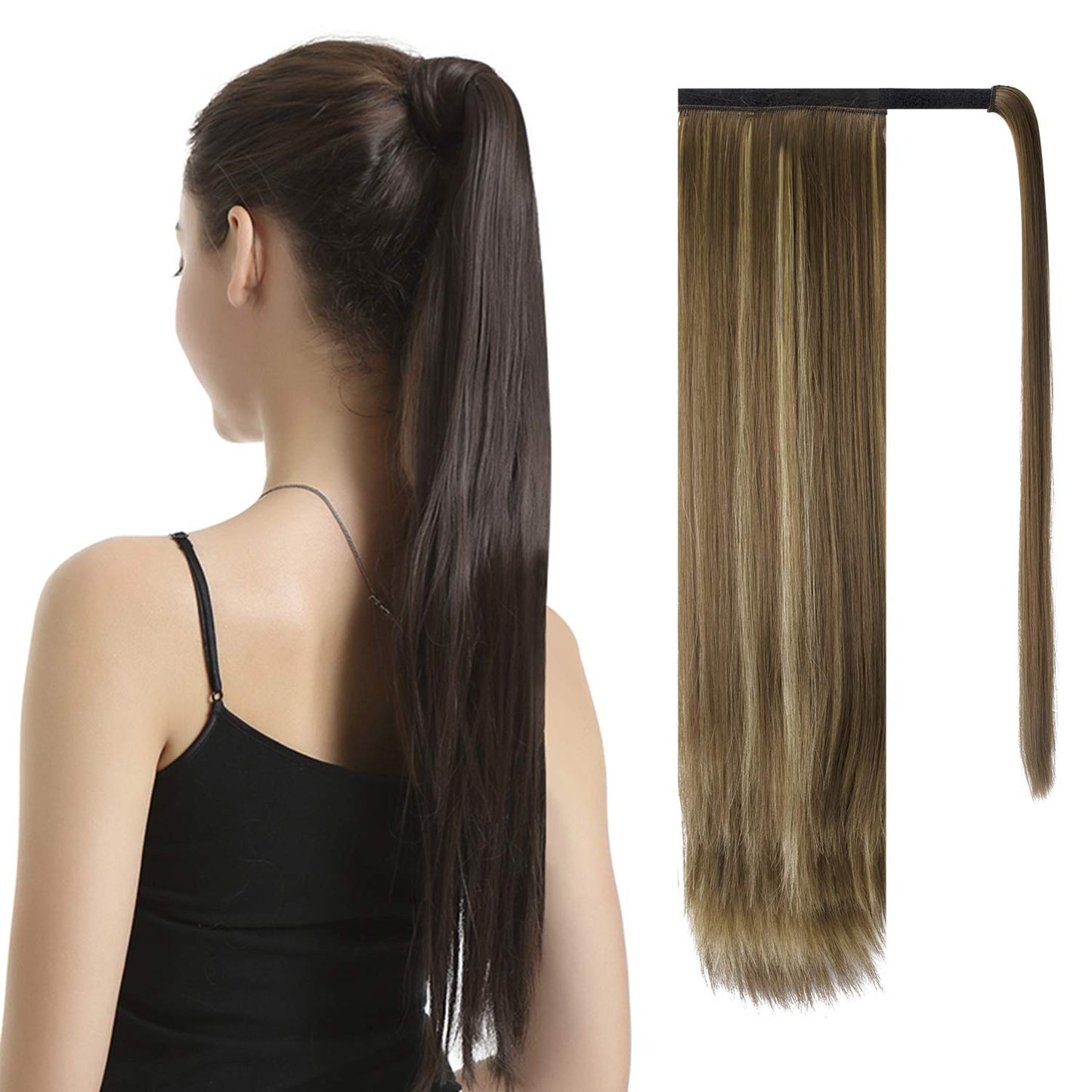 Dark Brown Straight Wrap Ponytail Extension - 24 Inch Clip-In Hairpiece for Black Women | Synthetic Hair