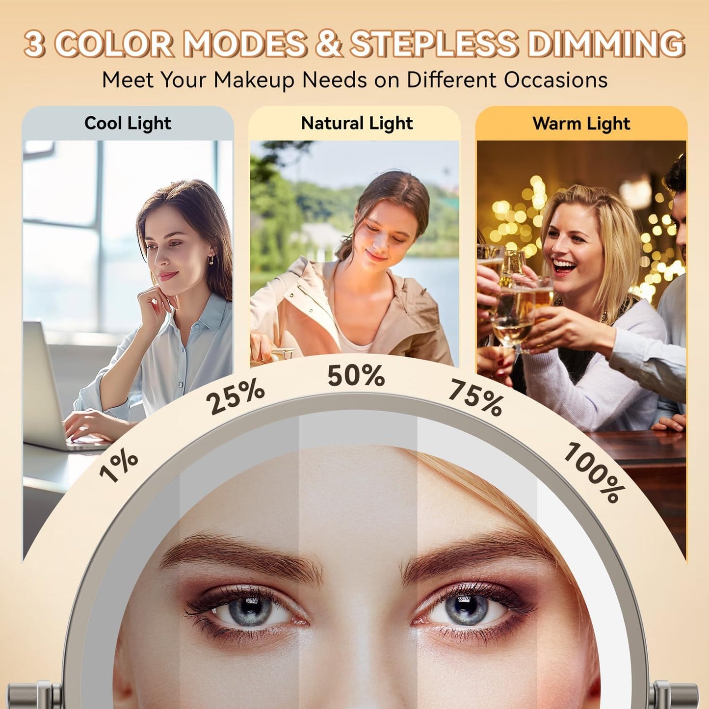 Lighted Makeup Mirror - 1X/30X Double-Sided Magnifying Mirror with 3 Color Touch Dimmable Lights | 8" Rechargeable, 360° Rotating Arm, Brushed Nickel