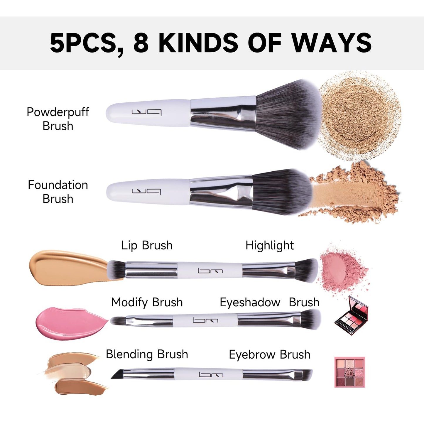 Brush Master Travel Makeup Brushes Set w/Pouch, 5PCS Double Ended Portable Mini Cosmetic Brushes Kit for Foundation, Eyeshadow, Lip, Blush Make Up Brushes Professional(White)