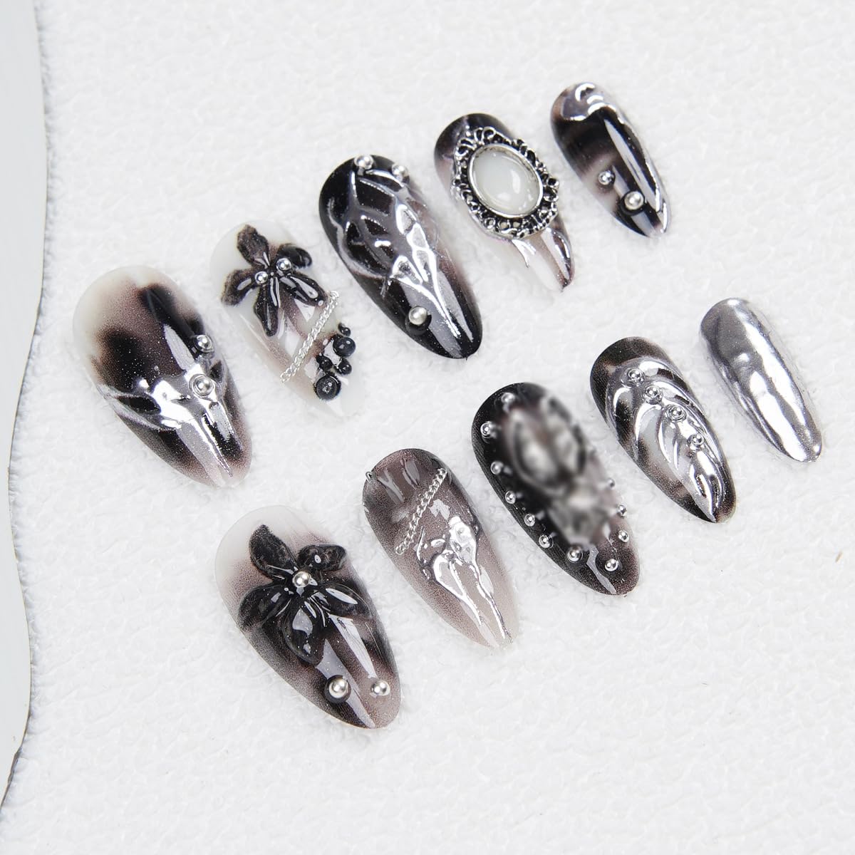 Gothic Press On Nails - Medium Almond 3D Metallic Rhinestone Design | 24 Pcs Black Acrylic False Nails for Women