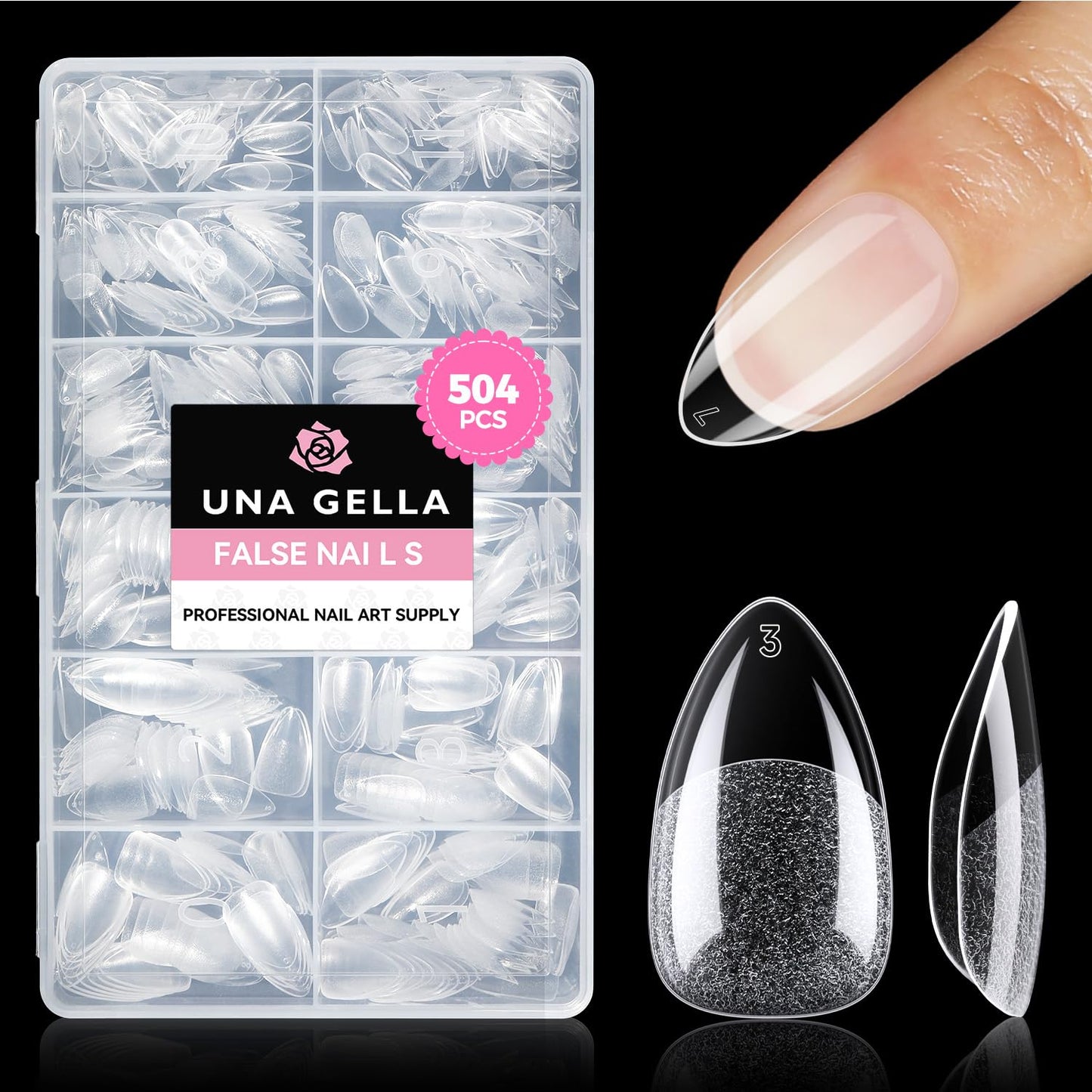 Medium Stiletto Press-On Nails - 504 Pcs Clear Gel Nail Tips | Full Cover Pre-Etched Acrylic, 12 Sizes Available