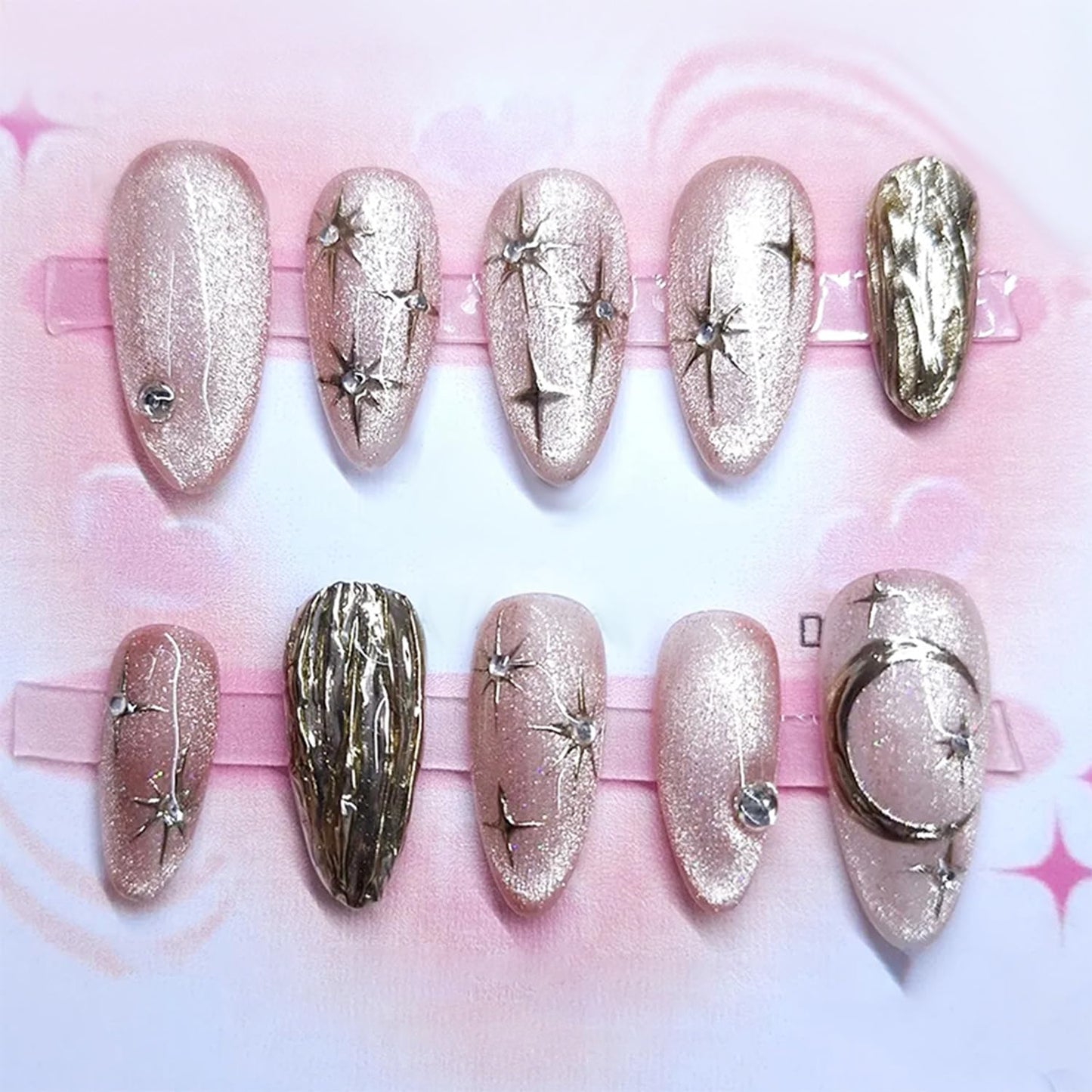 French Tip Press-On Nails - 24pcs Medium Almond with 3D Floral Gold Pearl Shell Designs | Summer Glitter Acrylic Full Cover