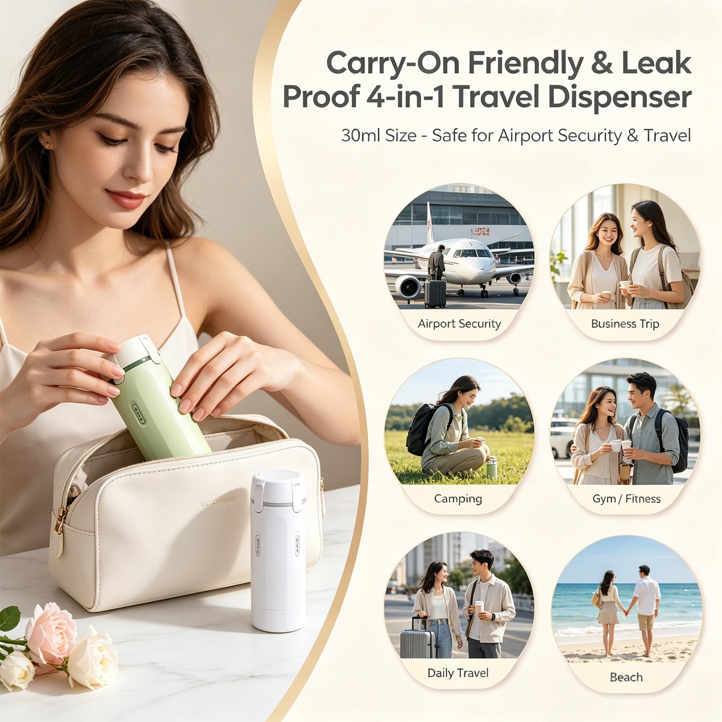 4 in 1 Travel Dispenser, Travel Bottles for Toiletries, No Squeeze Press Dispenser 30ML Leak Proof Travel Containers, Portable Refillable Shampoo Lotion Conditioner Bottles with Labels(2White)