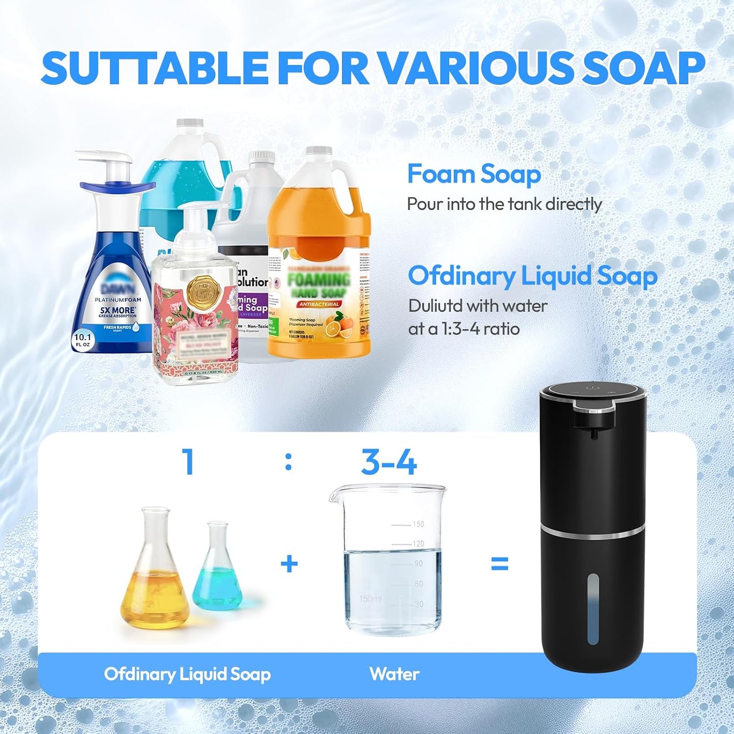 Automatic Foaming Soap Dispenser - Touchless 12.8oz Rechargeable Wall Mount for Bathroom & Kitchen | Black