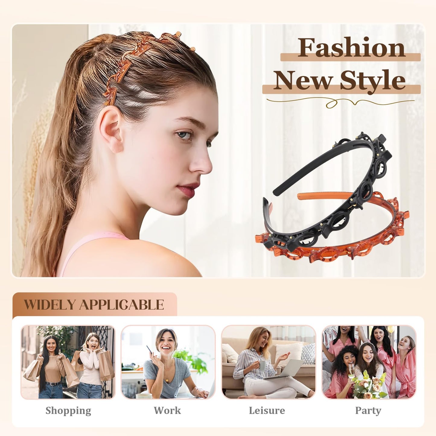 Headband with Clips 2 Pcs Bangs Hairstyle Hairpin Headband with 8 Clips Each, Multi Layer Toothed Braid Tool for Easy DIY Hairstyles, Hair Styling Accessories for Women Girls (Black × 2, One Size)