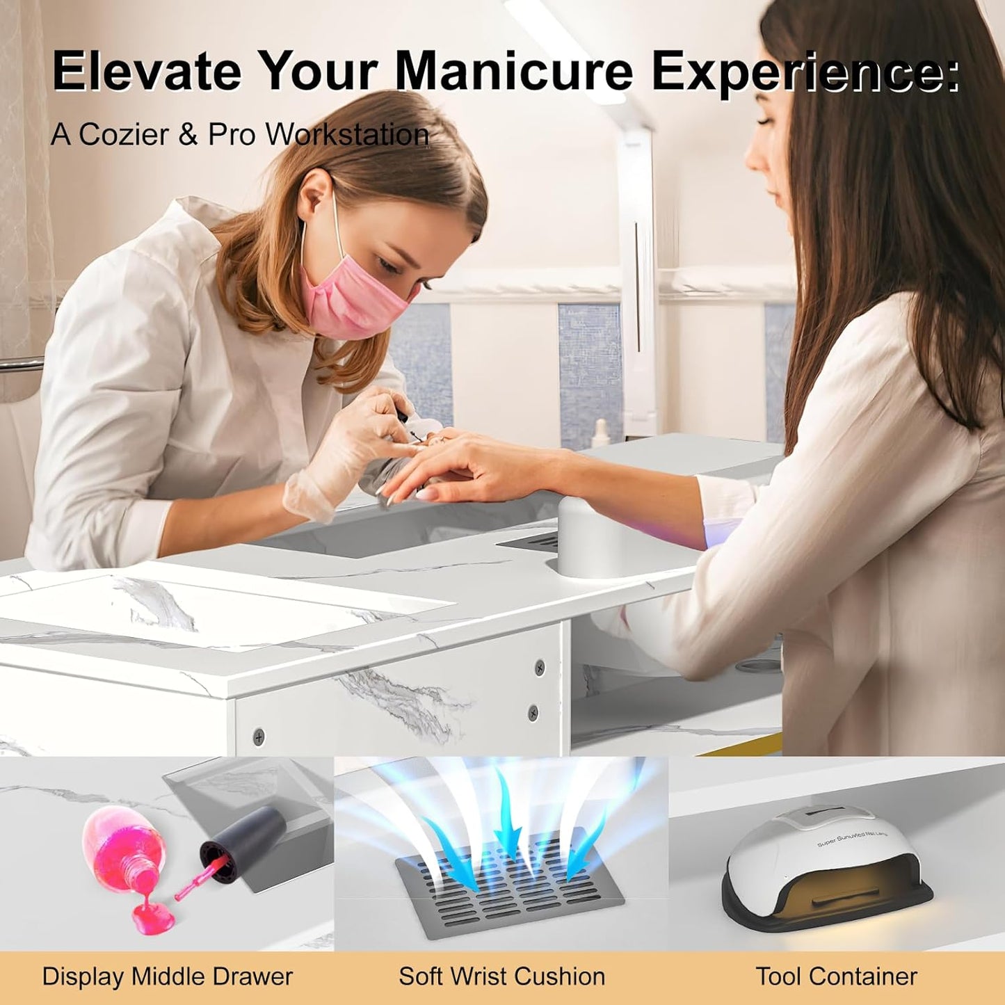 Manicure Table - Electric Dust Collector Nail Desk with Glass Top | Versatile Station for Salon & Home, White