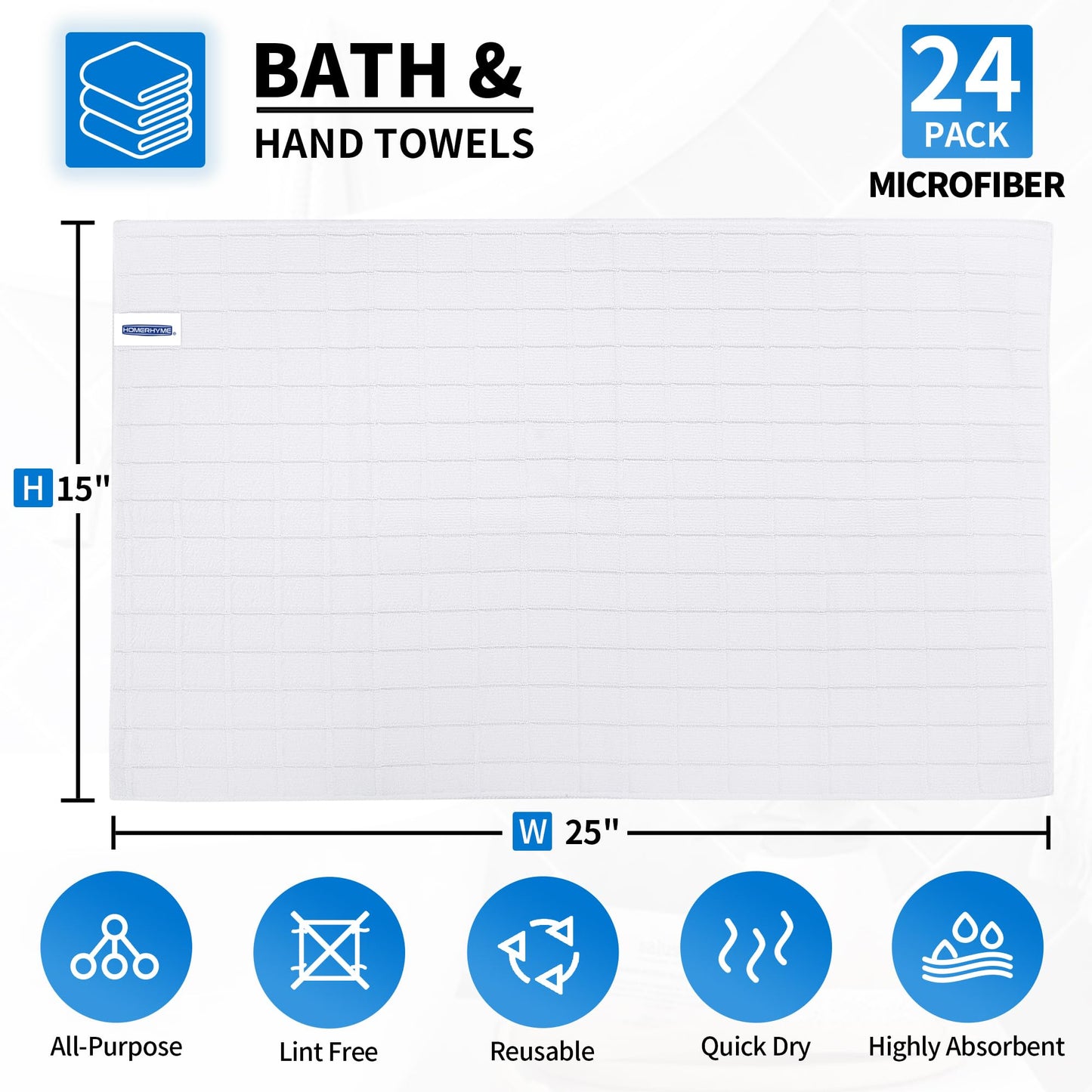 HOMERHYME Hand Towels for Bathroom, 24 Pack 25''*15'' Microfiber Bath Hand Towels, Quick Dry Lint Free Soft Absorbent Bulk Washcloths, Decorative White Towels for Tea Shower Yoga Gym Salon Kitchen