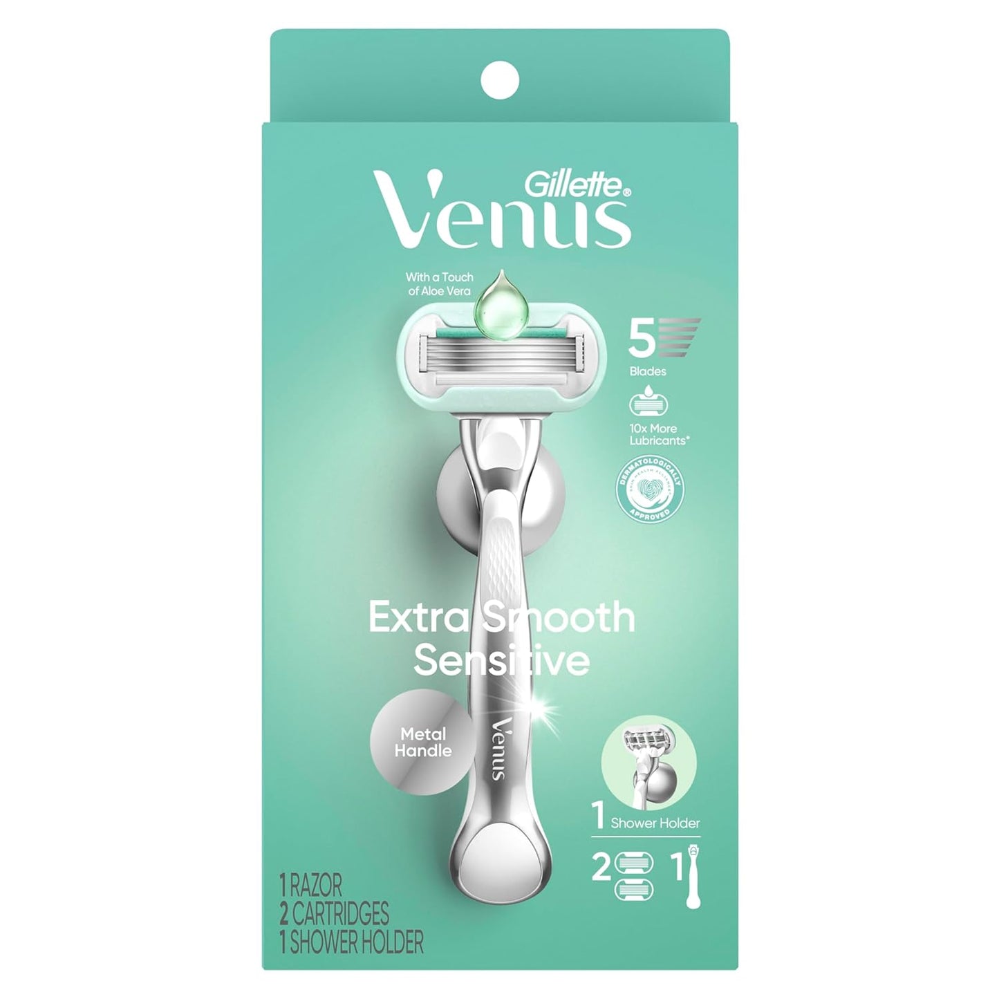 Gillette Venus Extra Smooth Sensitive Razor - Reusable Handle & 2 Refills for Sensitive Skin | Includes Shower Holder
