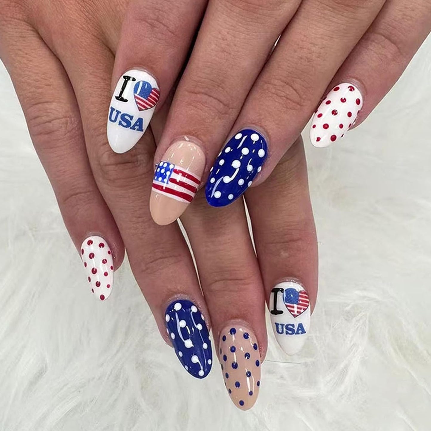 Press On Nails - Medium Square American Flag Glitter Design | 24Pcs Red, Blue & Gold 4th of July Fake Nails