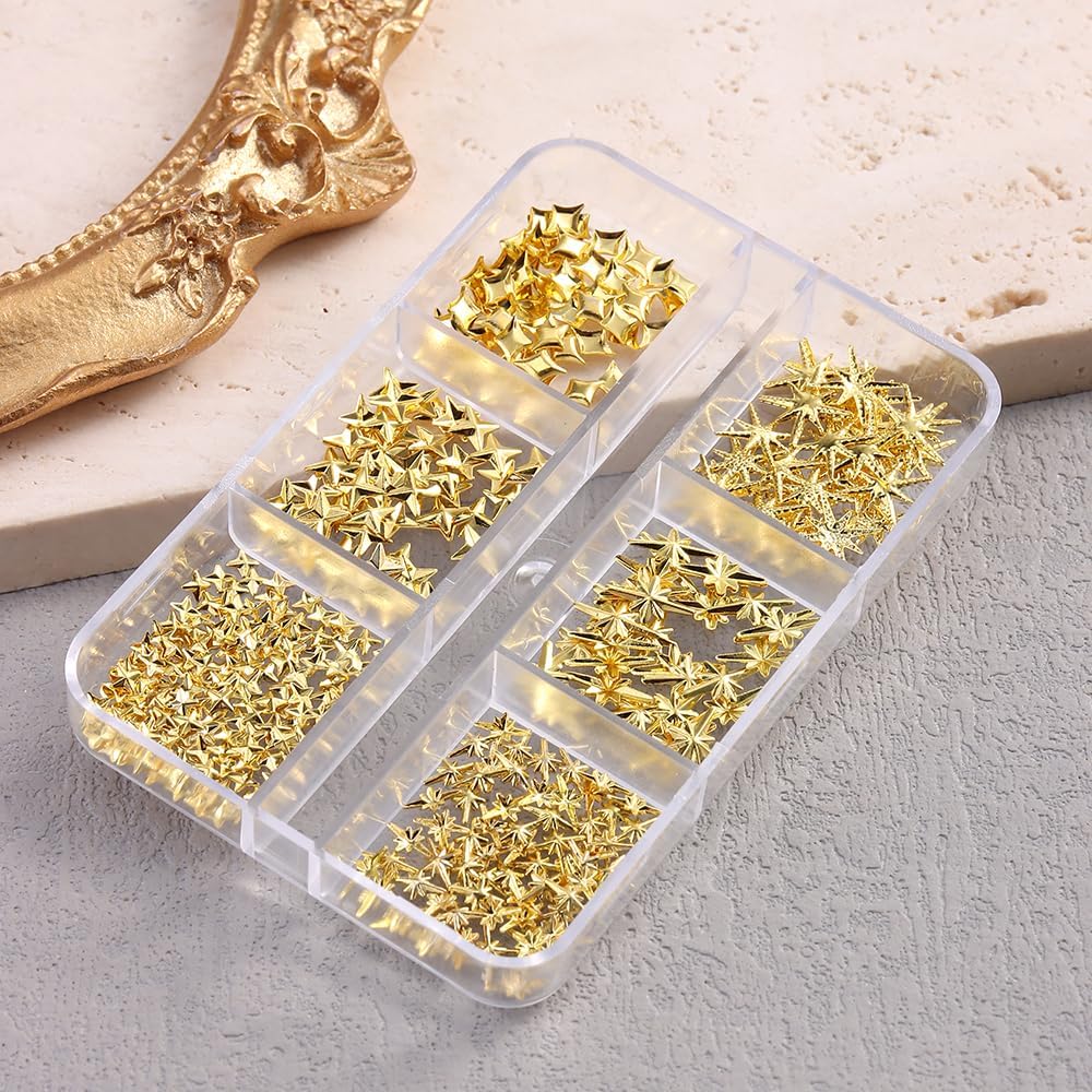 3D Star Nail Art Charms - Gold Metallic Studs & Rhinestones | Mixed Styles for DIY Manicure Supplies
