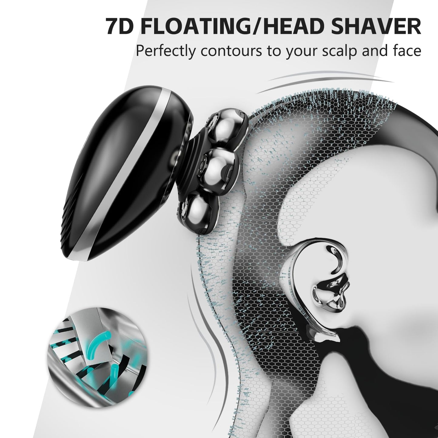 Head Shaver for Bald Men, 7D Electric Rechargeable Wet/Dry Shaving Razor with LED Display, 5-in-1 Grooming Kit Waterproof Bald Head Trimmer, Ideal Gift for Men (Black)