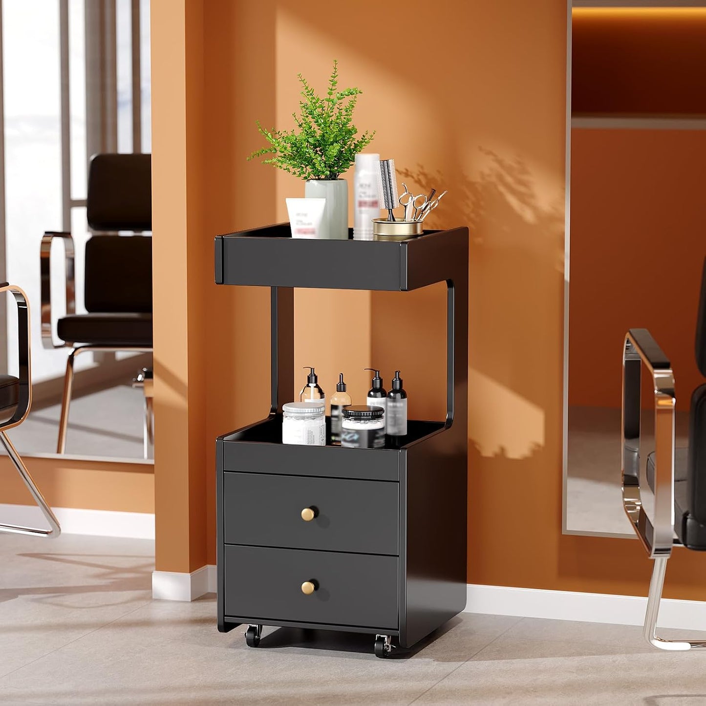 Salon Trolley Cart - Esthetician Tool Organizer with 2 Drawers & 2 Trays | Black Hair Styling Station
