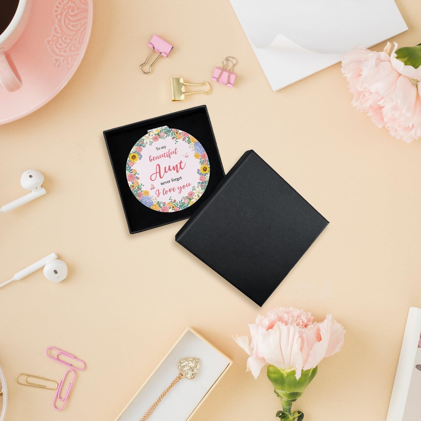 Goyinxza Aunt Gifts Aunt Gifts Pink Flower Compact Mirror from Niece Nephew Mothers Day Birthday Gift for Auntie Thanksgiving Valentines Day for Auntie Travel Folding 2-Sided Mirror