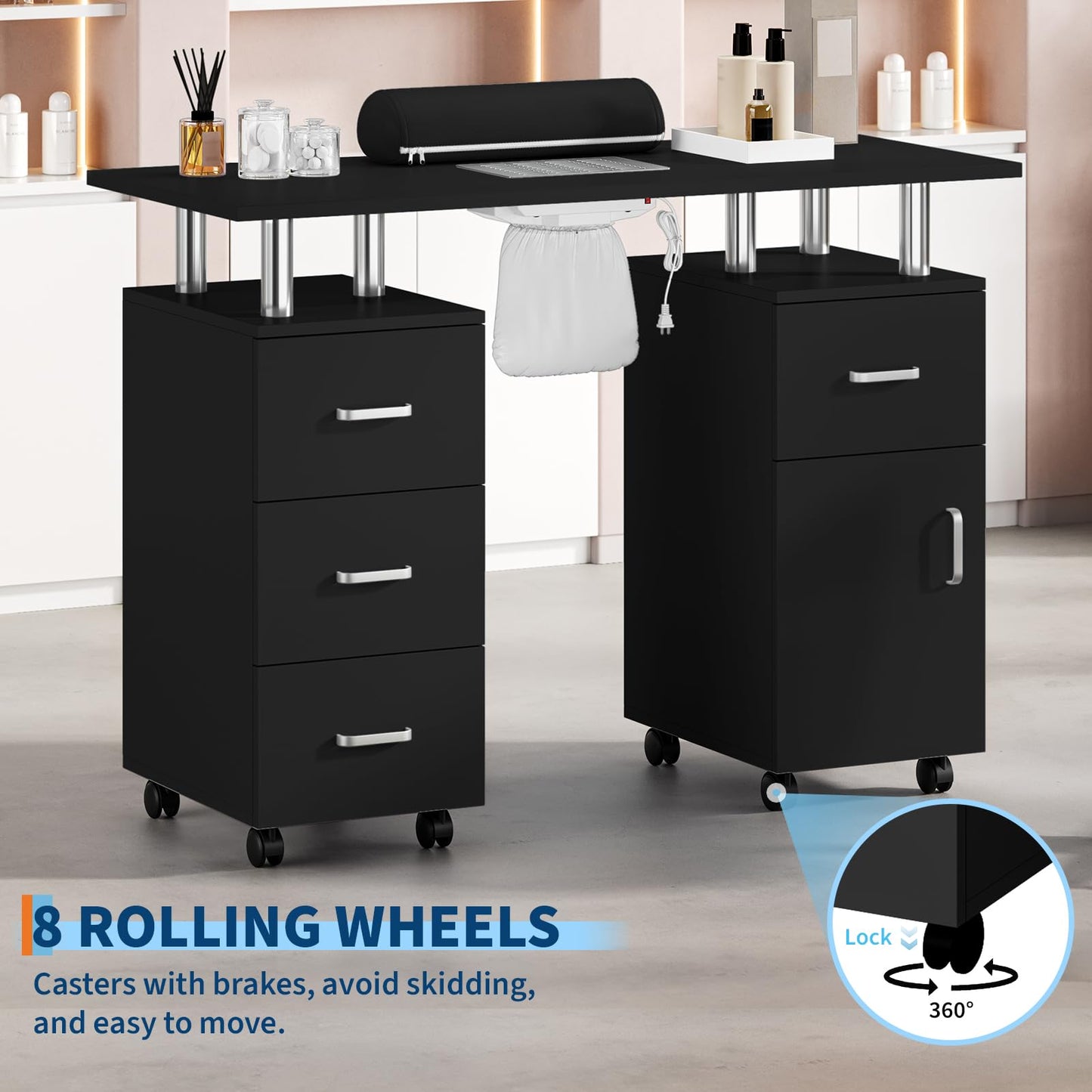 MilleLoom Manicure Table with Storage Cabinets and Drawers, Nail Desk for Nail Tech with Lockable Wheels, Dust Collector Acetone Resistant, Arm Rest for Makeup Spa Beauty Salon Station