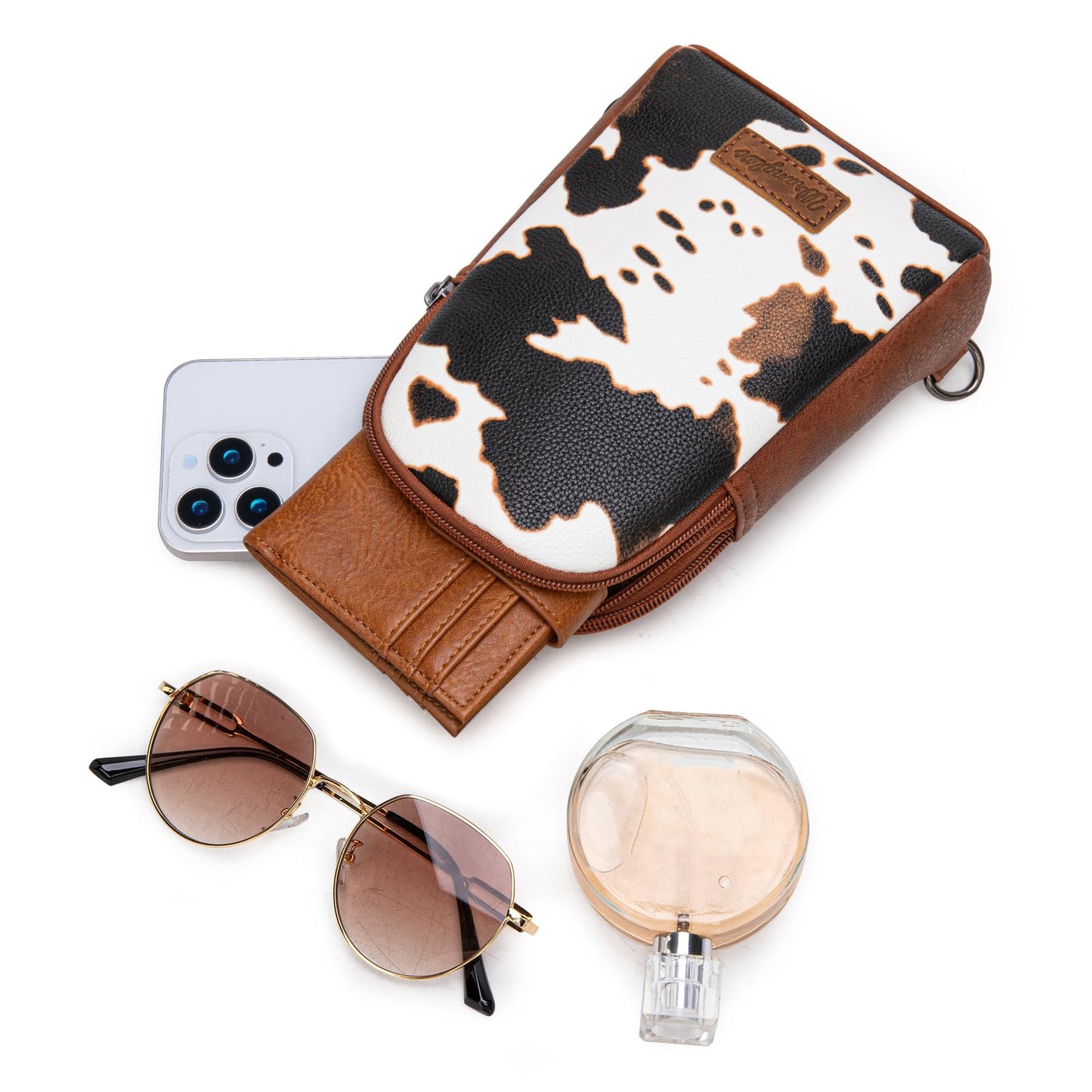 Wrangler Cow Print Crossbody Bags for Women Western Sling Bag with Adjustable Starp Cross Body Purse Brown WG133-210BR