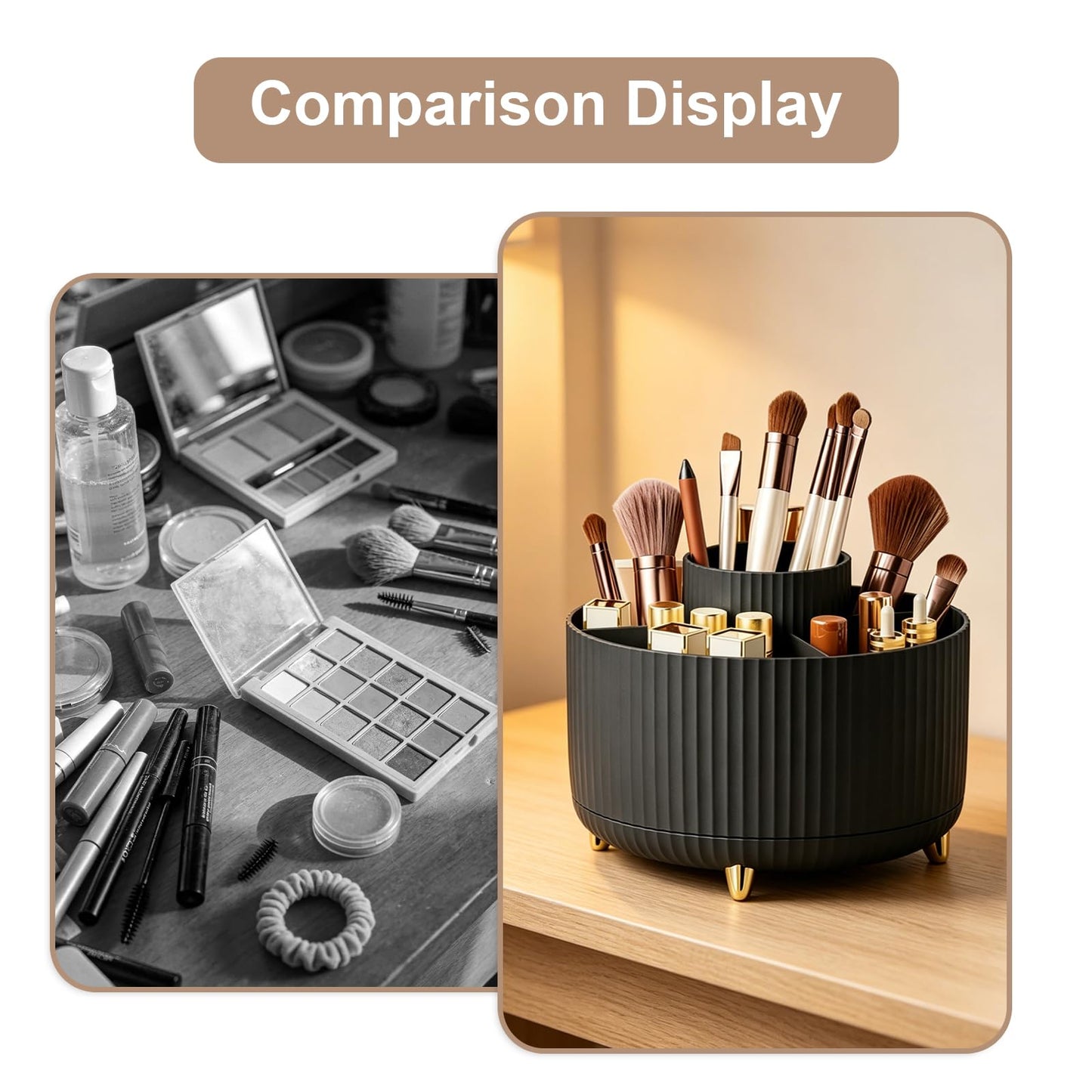 HJUHBDJ 360°Rotating Makeup Brush Holder Organizer, Black Countertop Cosmetic Display Case, Spinning Skincare Storage Carousel for Vanity, Desktop & Bathroom