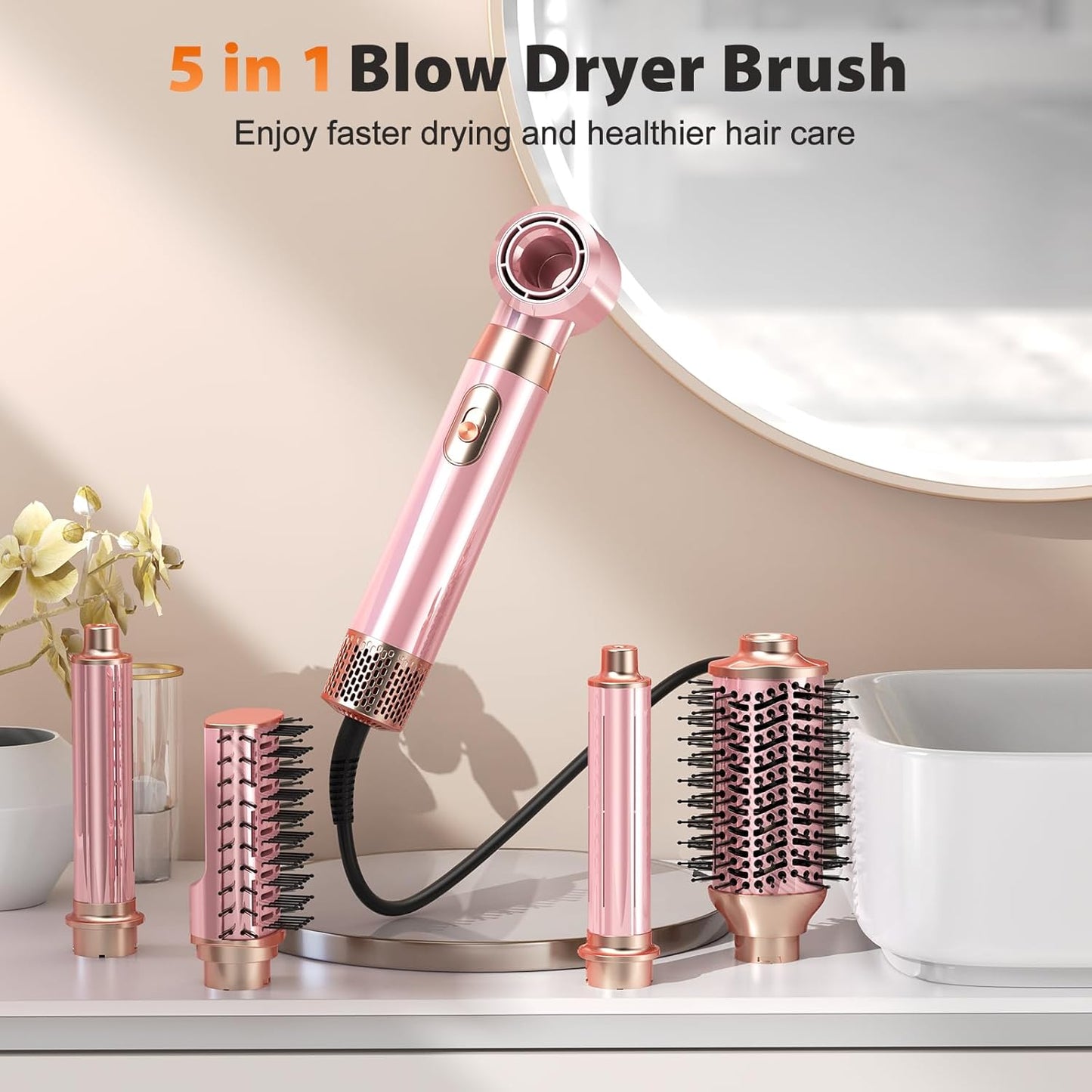 5-In-1 Blow Dryer Brush Set - High-Speed Hot Air Styling Tool | Pink, Detachable Curling & Straightening Brush