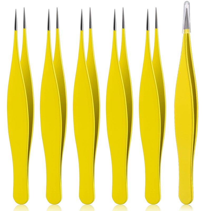 Honoson 6 Pieces Tweezers for Ingrown Hair Remover Pointed Blackhead Remover Point Tip Tweezers Stainless Steel for Nose Facial Hair Eyebrow and Shards(Yellow)