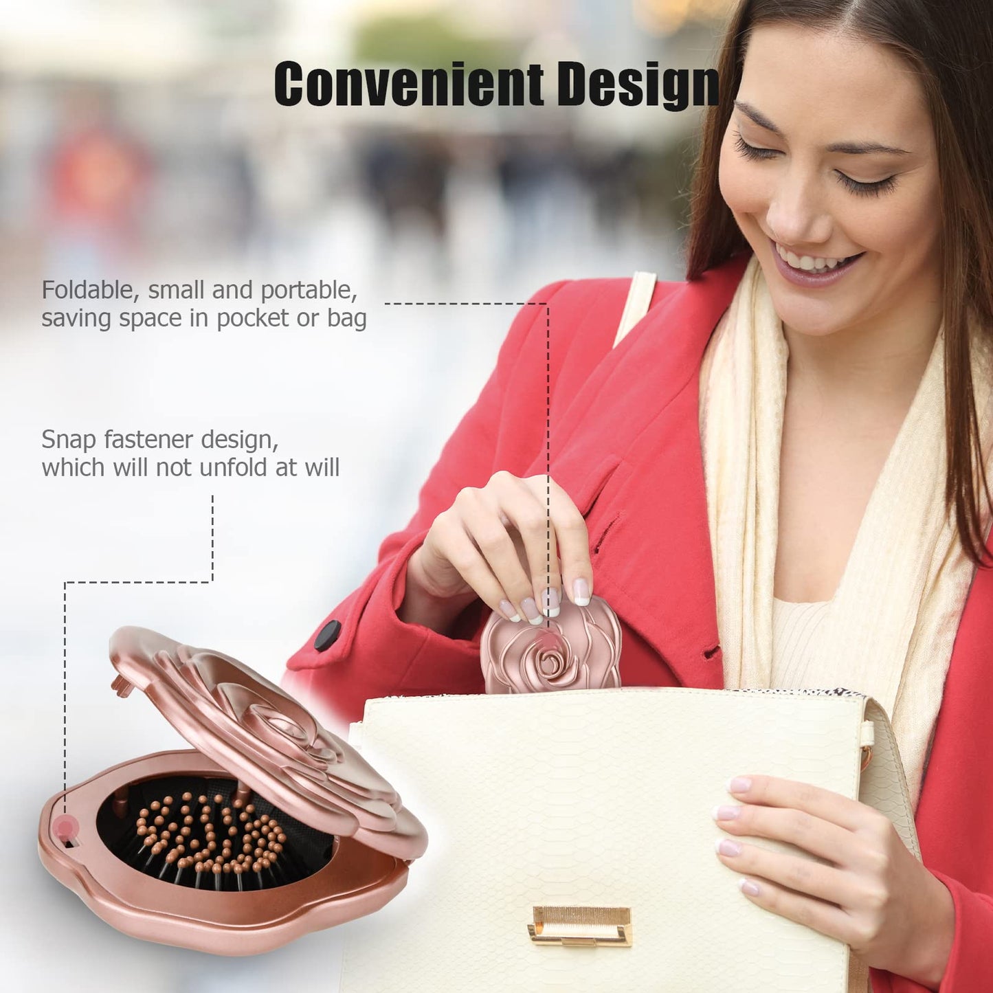 Travel Folding Hair Brush, Roses Mini Pocket Mirror Brush Easy to Carry for Small Spaces Nylon Brush/Comb/HairBrush for Women Men's Any Hairstyles Hair and Beards Wet Dry Hair Restore Shine