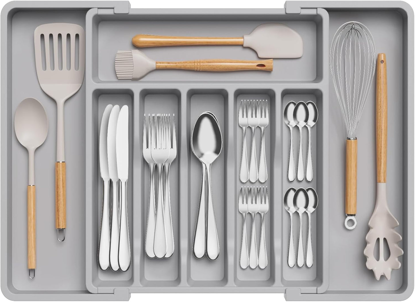 Expandable Silverware Organizer - BPA-Free Plastic Utensil Tray for Kitchen Drawer | Space-Saving Cutlery Holder, Black, 8.5-14 x 12 x 1.5 Inch