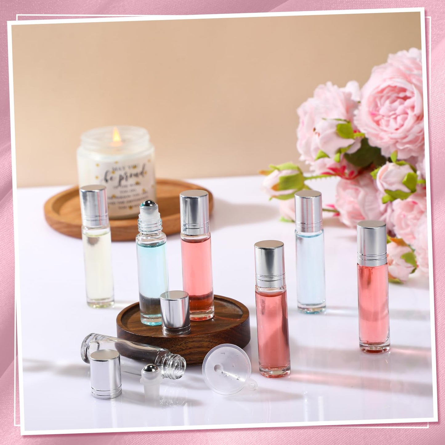 SEEWEY 96 Pcs Essential Oil Roller Bottles 10ml Empty Glass Roller Bottles with Stainless Steel Balls Protection Leakproof with 5 Funnel for Travel Perfume Lip Gloss (Clear, White Lid)