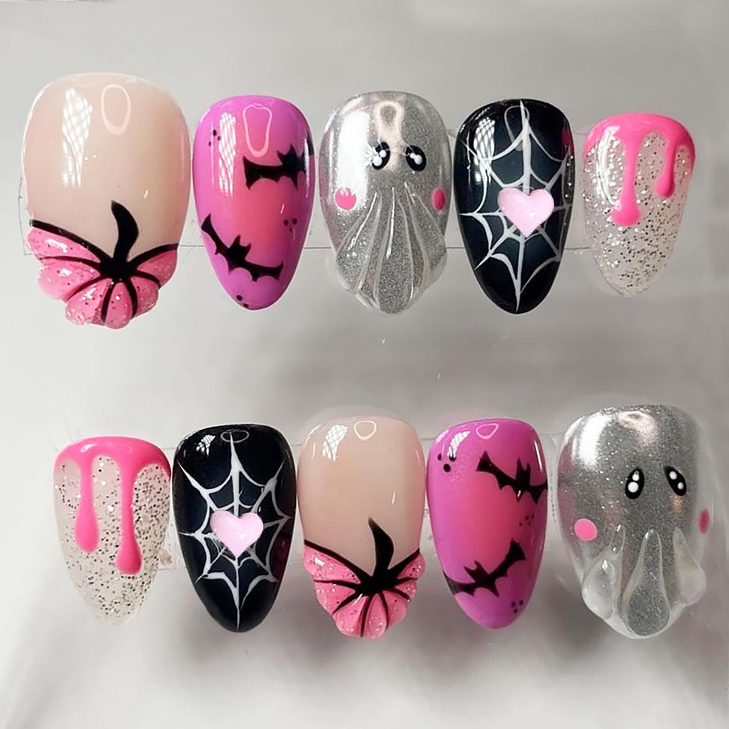 30Pcs Halloween Press-On Nails - 3D Spider & Bat Designs | Medium Almond Acrylic Tips for Women