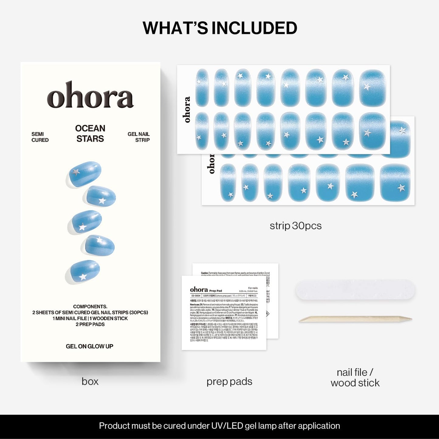 ohora Semi Cured Gel Nail Strips (N Ocean Stars) - Blue, Art, Works with Any Lamps, Salon-Quality, Long Lasting, Easy to Apply & Remove - Includes 2 Prep Pads, Nail File & Wooden Stick