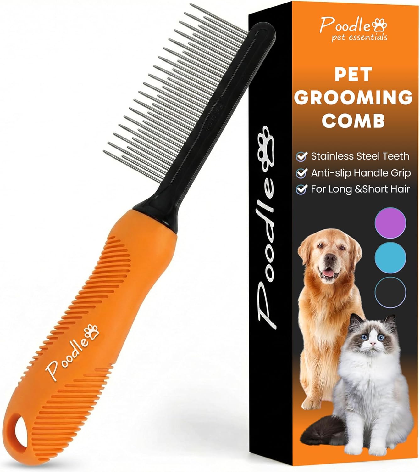 Poodle Dematting Fur Rake Comb - 2.5" Steel Blades for Dogs & Cats | Detangle Matted Undercoat Hair
