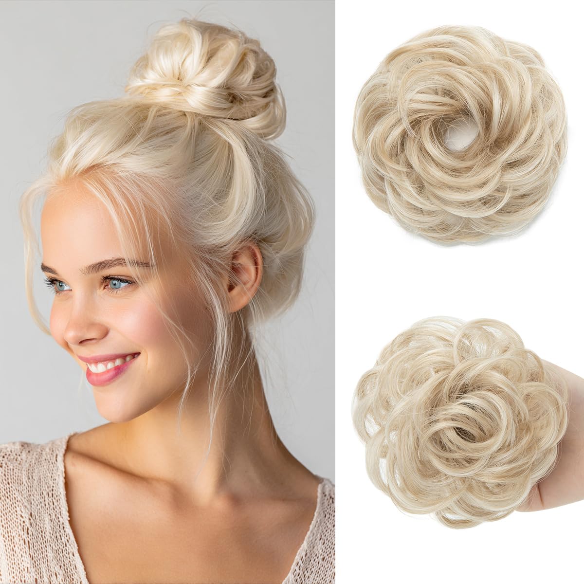 Small Messy Bun Hair Pieces for Women - Synthetic Curly Mini Scrunchies | 2PCs White