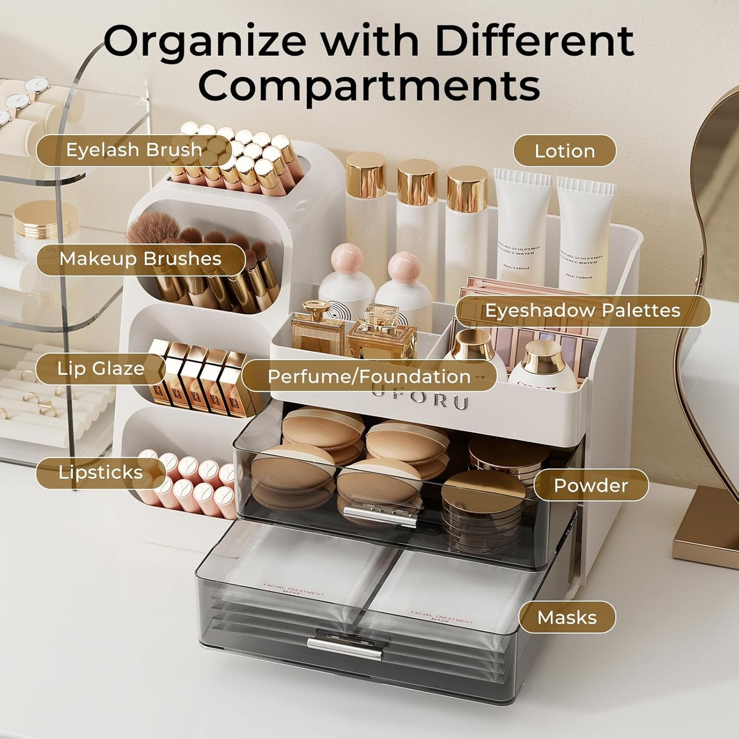Makeup Organizer for Vanity - Large Capacity Skincare & Cosmetic Display Case with 2 Drawers | Brush Holder & Perfume Storage