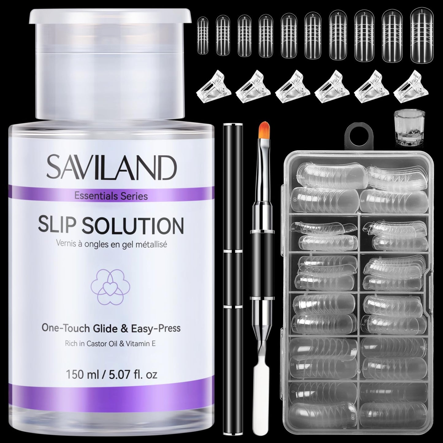 SAVILAND Slip Solution Kit for Poly Gel: 5.07fl.oz Large Anti-Stick Gel Liquid for Poly Gel, All-In-1 Nail Kit with Dual-Ended Nail Brush Dual Forms Dappen Dish for Beginners Nail Art Extension DIY