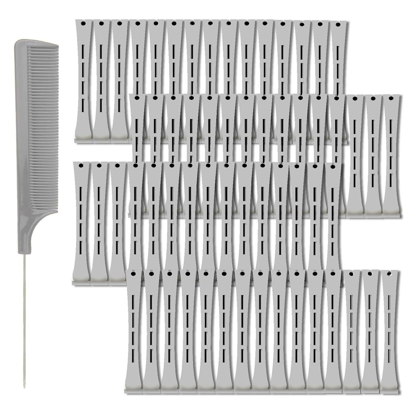 Hair Perm Pods - 60 Plastic Perming Rods & Curlers with Steel Pintail | Grey, 1.5 Cm (0.59 Inch)