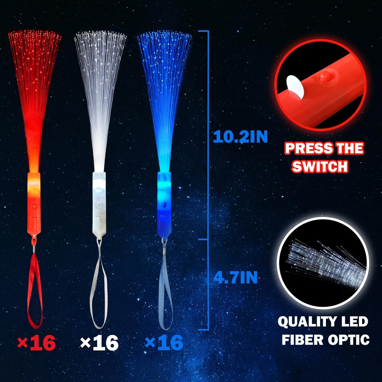 Glow Sticks for 4th of July | Red, White & Blue Fiber Optic Wands - 6 Pack for Kids
